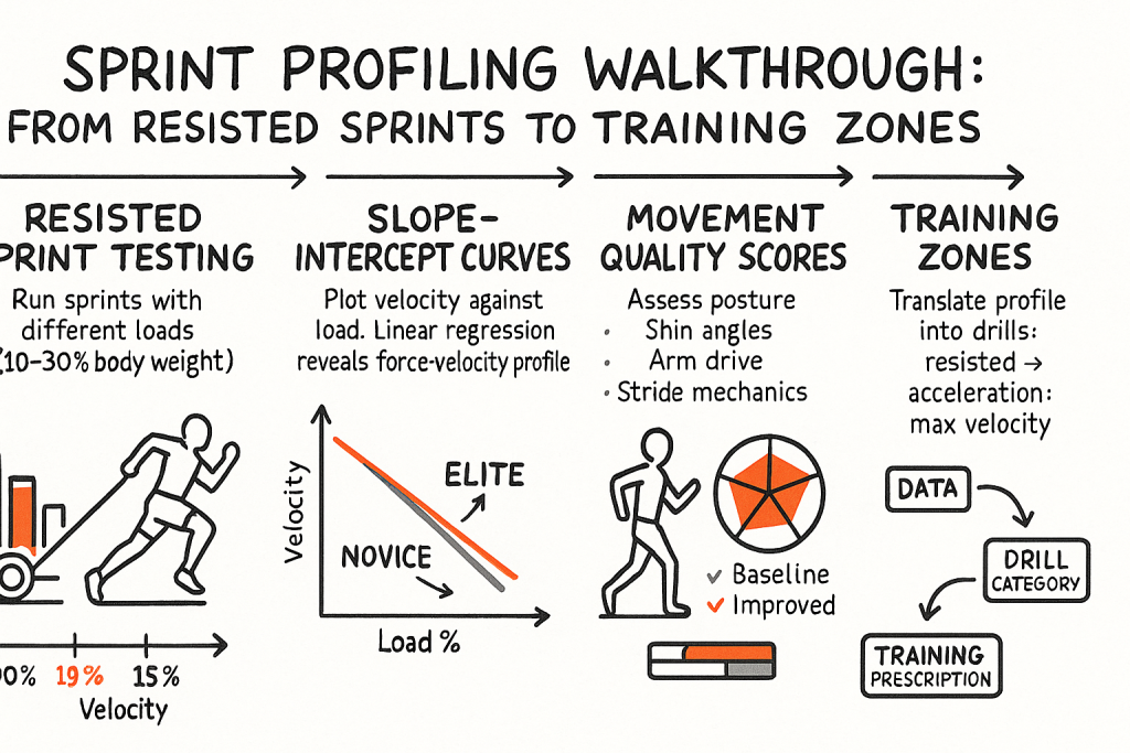 Hand-drawn infographic titled "Sprint Profiling Walkthrough" showing four panels: resisted sprint testing (runner towing weight), slope-intercept curves graph of velocity vs load (elite vs novice lines), movement quality checklist with running posture icon and radar chart, and training zones flowchart from data to drill category to training prescription.