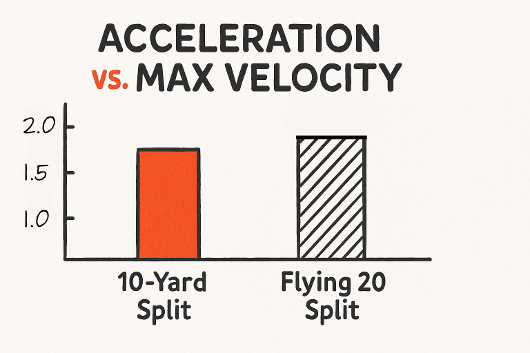 Bar chart titled "Acceleration vs. Max Velocity" comparing a solid orange 10-yard split bar (~1.7) and a hatched flying 20 split bar (~1.9) on a vertical scale from 1.0 to 2.0.