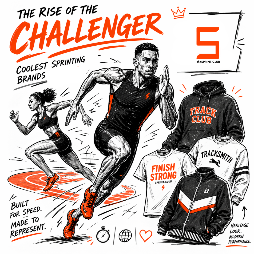 Two sprinters in motion with bold orange accents, surrounded by sprint club apparel (hoodie, tees, jacket) and slogan "Finish Strong."