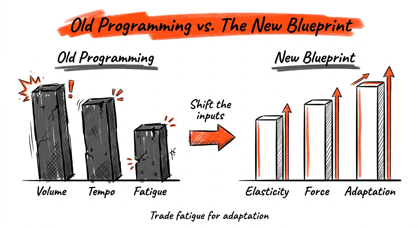 Side-by-side sketch: left shows cracked dark bars labeled Volume, Tempo, Fatigue; right shows taller clean bars labeled Elasticity, Force, Adaptation.
