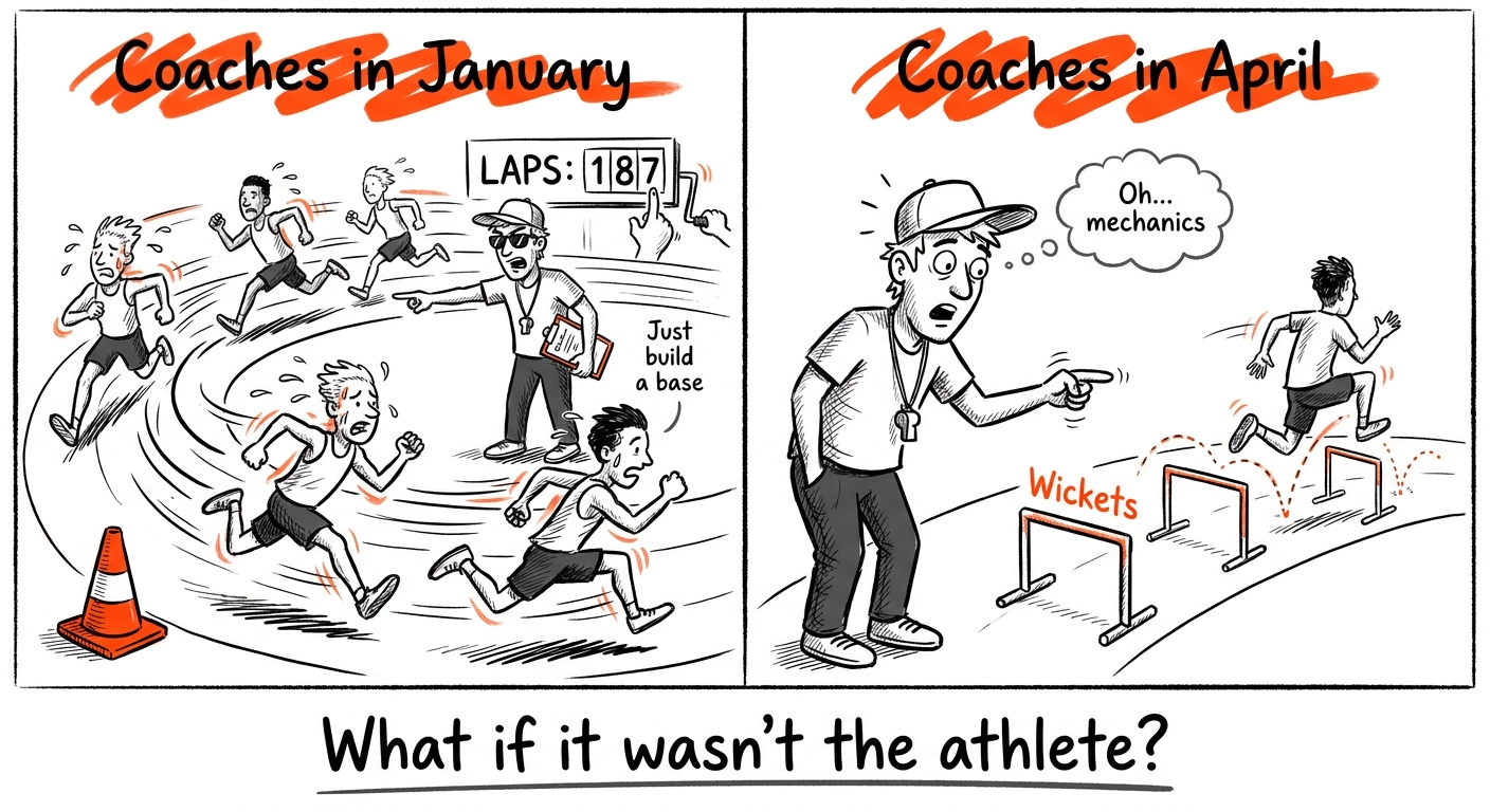Split comic: left panel "Coaches in January" shows a coach yelling at panicked runners circling a track with a laps board and cone; right panel "Coaches in April" shows the same coach pointing and saying "Oh... mechanics" while a runner practices hurdling over labeled "Wickets"; caption below reads "What if it wasn't the athlete?"