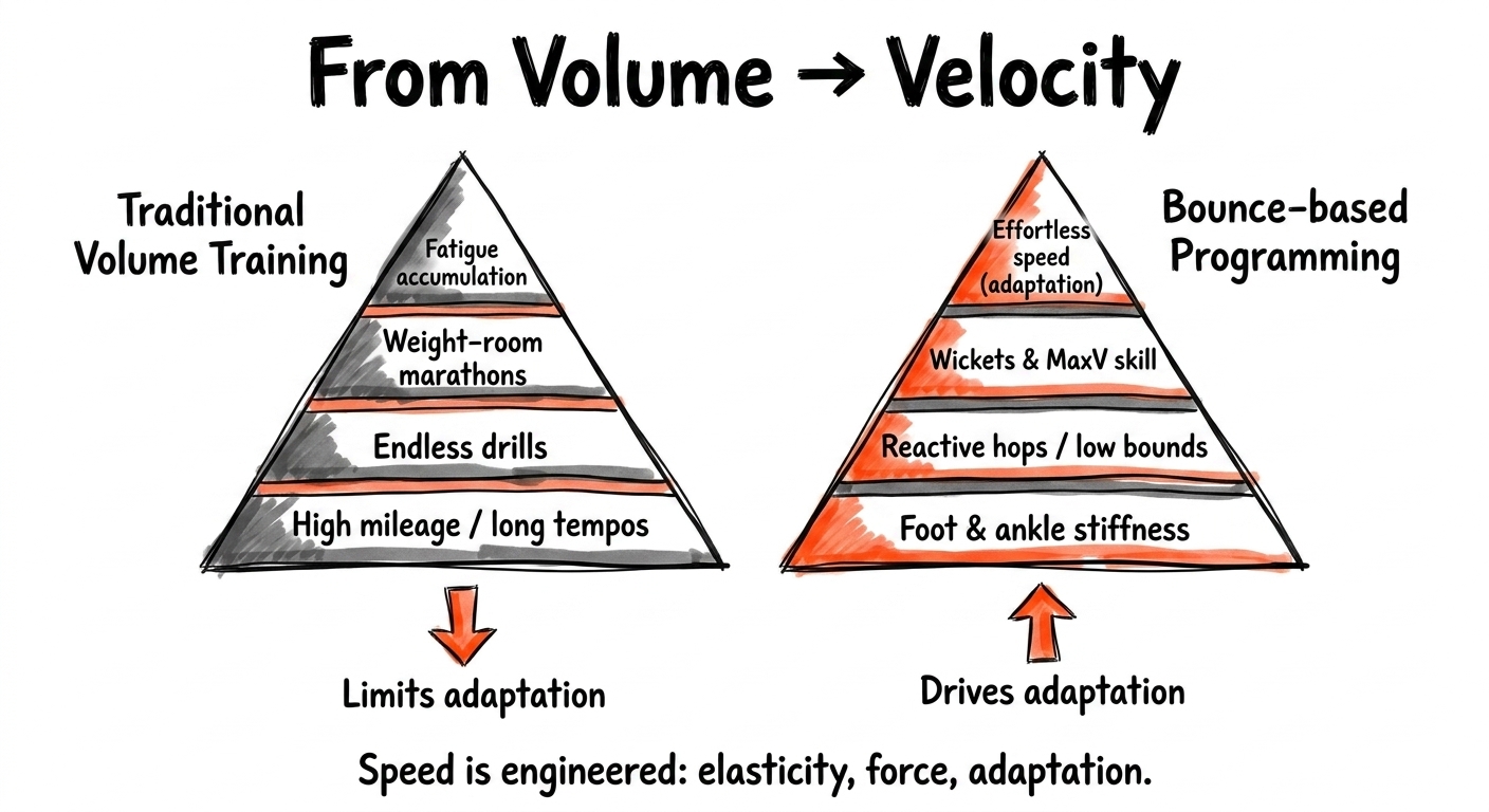 Two side-by-side pyramids comparing Traditional Volume Training (fatigue, miles, drills) with Bounce-based Programming (ankle stiffness, reactive hops, max velocity).