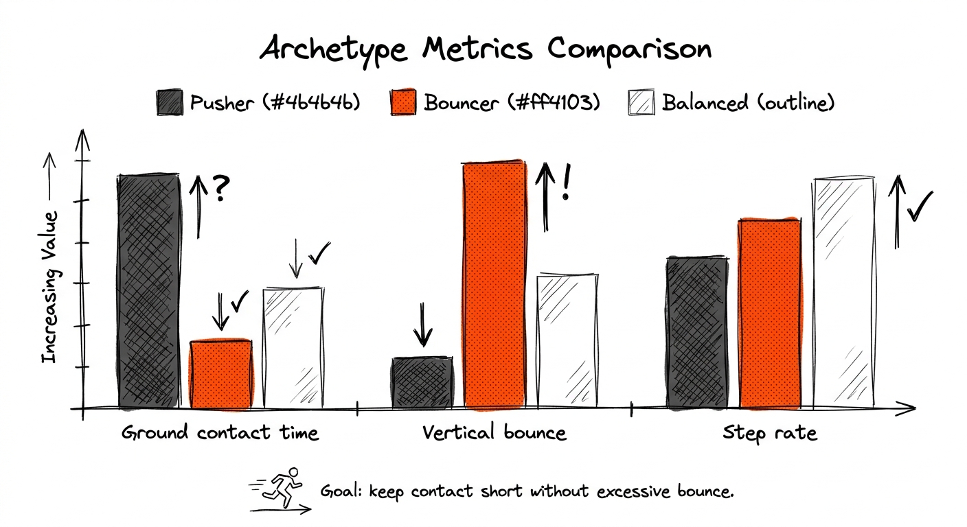Hand-drawn bar chart comparing Pusher (dark), Bouncer (orange), and Balanced (outlined) across ground contact time, vertical bounce, and step rate.