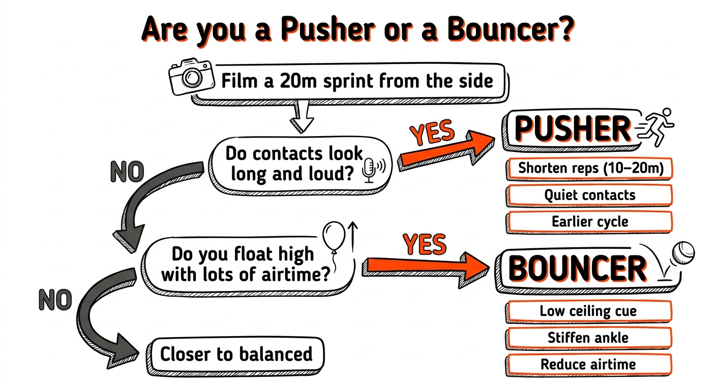 Flowchart asking "Are you a Pusher or a Bouncer?" showing steps: film a 20m sprint, ask if foot contacts look long and loud (Yes → Pusher with tips), if No ask if you float high with airtime (Yes → Bouncer with tips), if No → Closer to balanced.