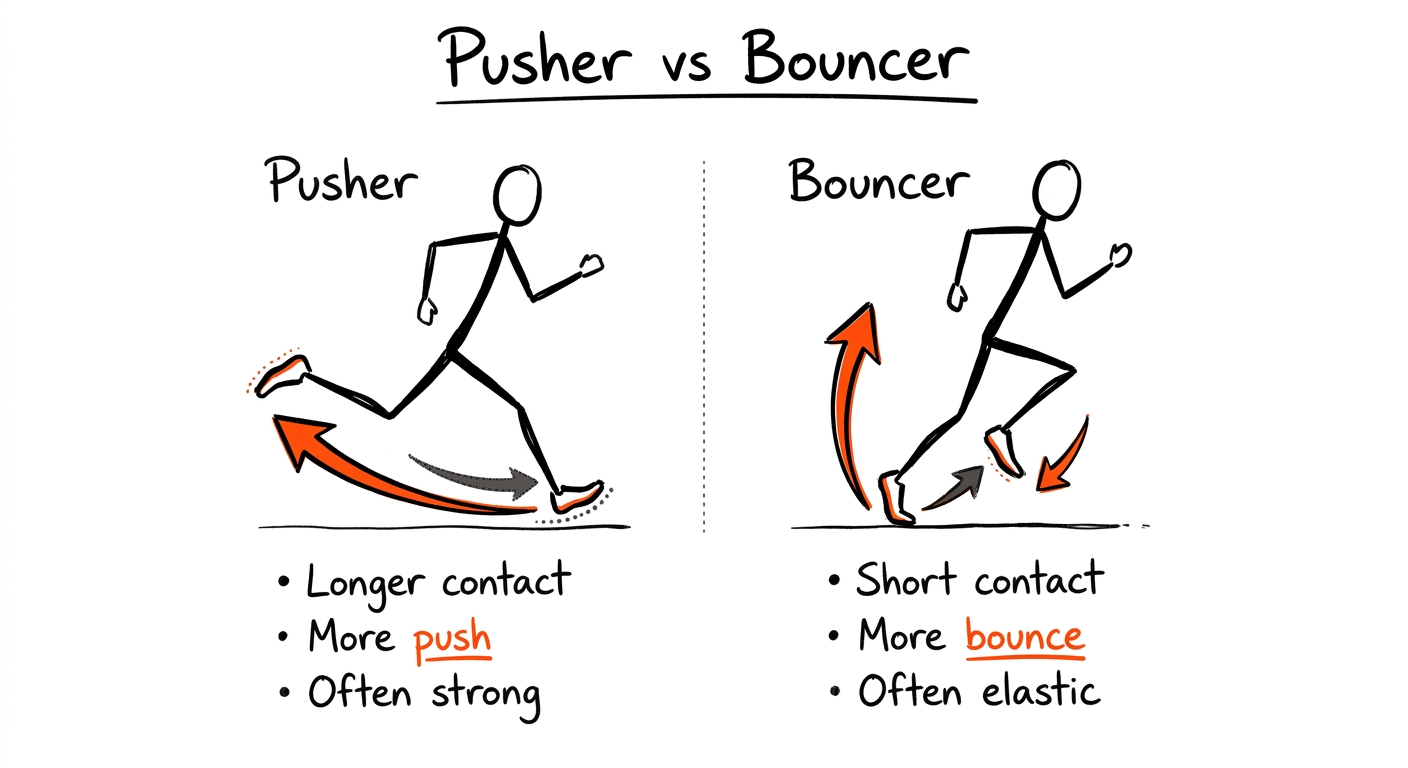 Split illustration comparing "Pusher" and "Bouncer" running styles: left stick figure with long rear push arc and foot contact, notes "Longer contact, More push, Often strong"; right stick figure with short ground contact and upward bounce arrows, notes "Short contact, More bounce, Often elastic."