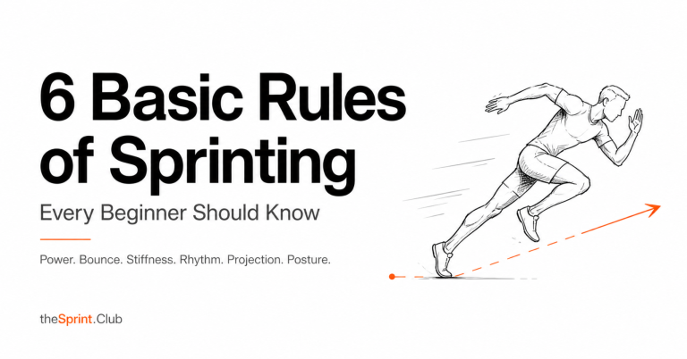 Title text "6 Basic Rules of Sprinting" with subtitle "Every Beginner Should Know" and sketch of a sprinter leaning forward.