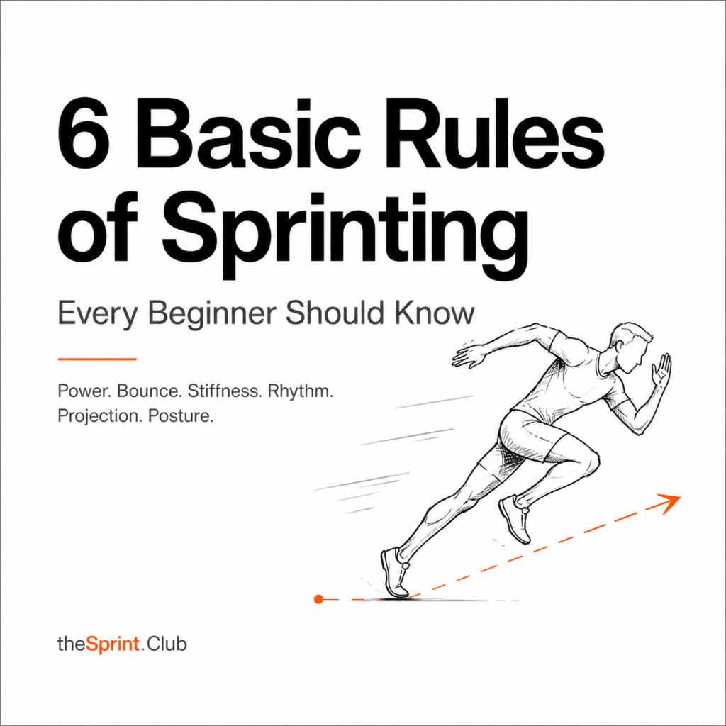 Bold title "6 Basic Rules of Sprinting" with subtitle "Every Beginner Should Know" and sketch of a sprinter in motion.