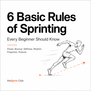 Bold title "6 Basic Rules of Sprinting" with subtitle "Every Beginner Should Know" and sketch of a sprinter in motion.