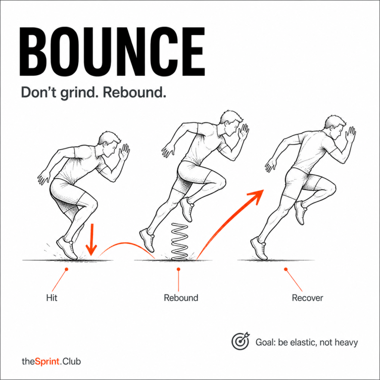 Three-panel sketch of a runner demonstrating "Hit" (ground contact), "Rebound" (springy push-off), and "Recover" phases.