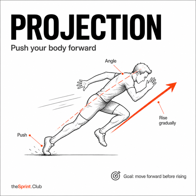 Runner leaning forward in a sprint start with dashed line showing forward body angle and arrow showing gradual rise forward.