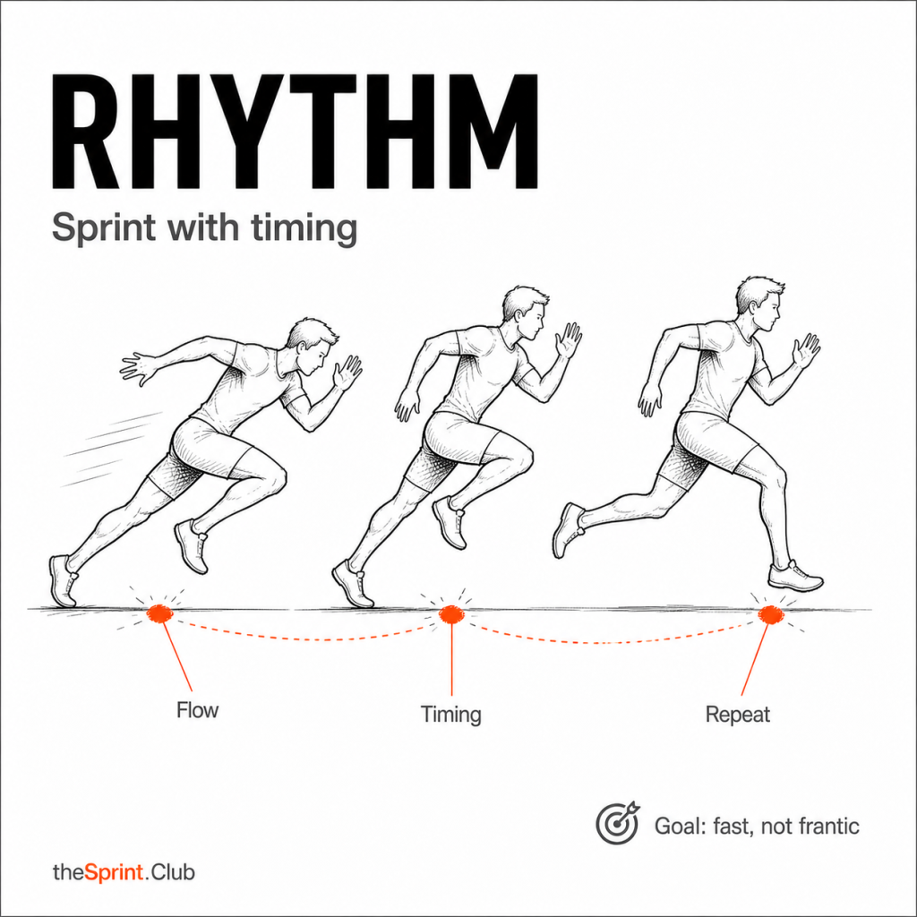 Three-step sketch of a sprinter showing flow, timing, and repeat with orange markers and caption "Rhythm: Sprint with timing."