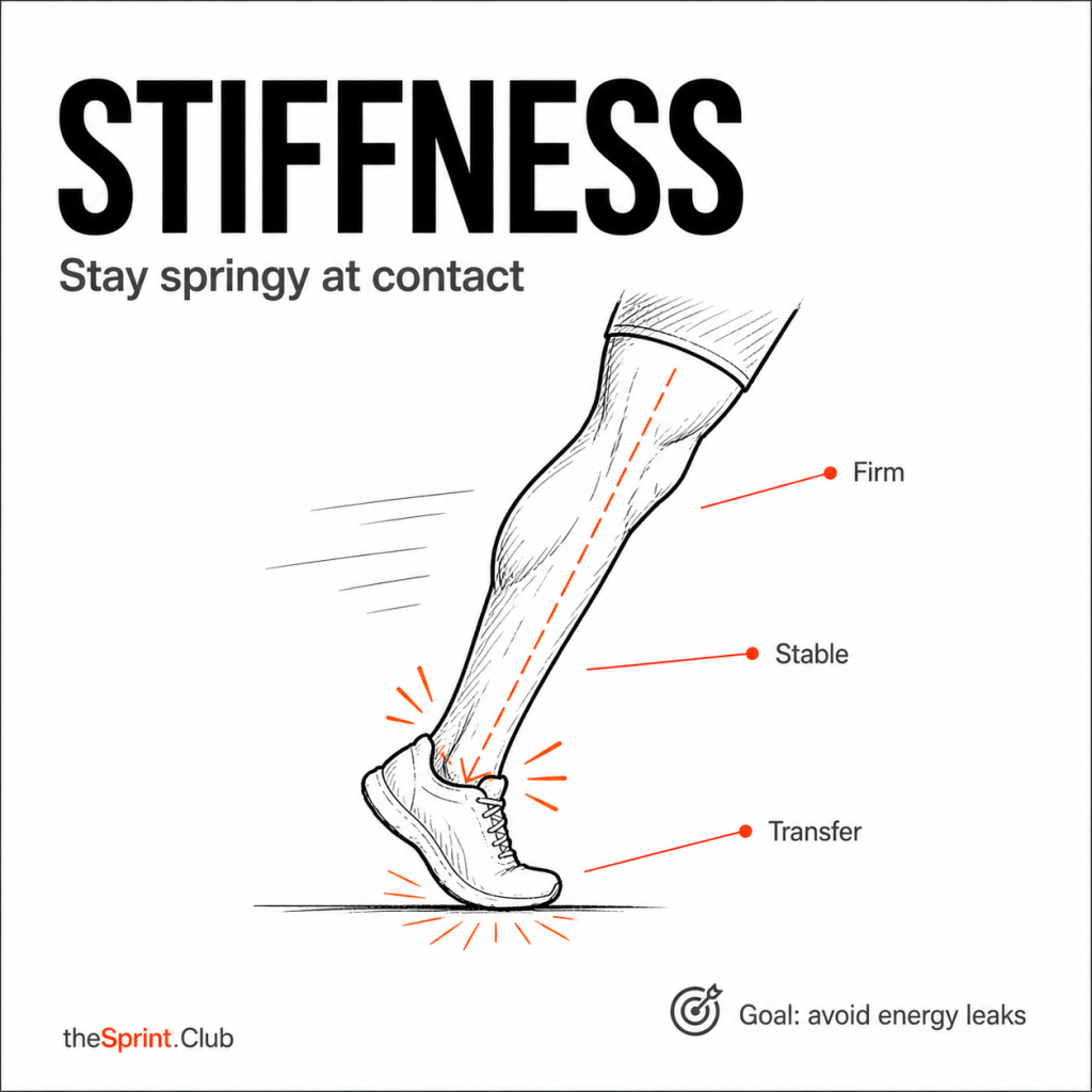 Stylized sketch of a runner's lower leg and foot striking ground with labels "Firm," "Stable," "Transfer" and caption "Stiffness."