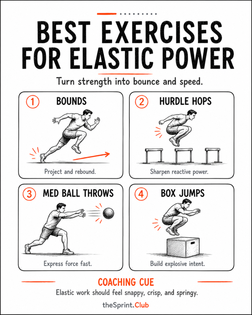 Poster titled "Best Exercises for Elastic Power" showing four illustrated exercises: bounds, hurdle hops, med ball throws, and box jumps with short captions.
