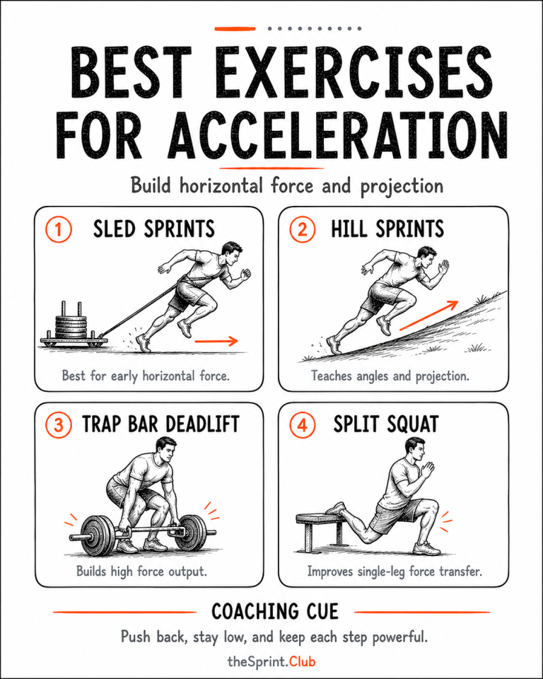 Poster titled "Best Exercises for Acceleration" showing four illustrated exercises: sled sprints, hill sprints, trap bar deadlift, and split squat, with brief benefits and a coaching cue.
