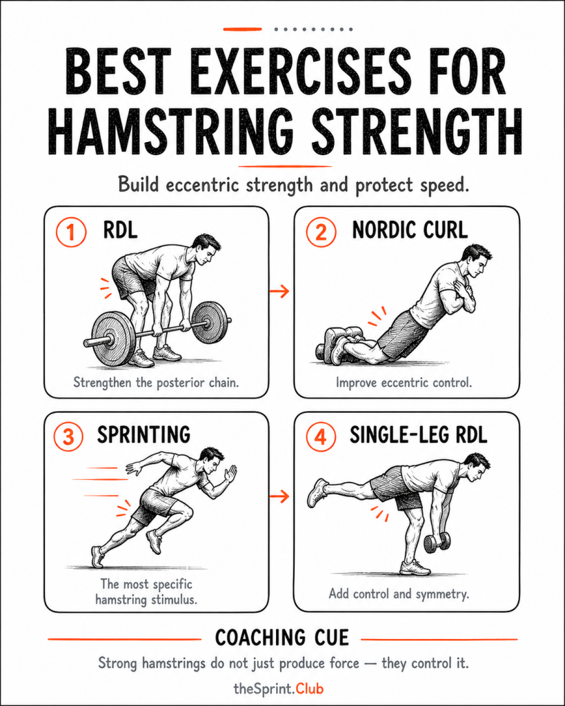 Poster showing four hamstring exercises: RDL with barbell, Nordic curl, sprinting pose, and single-leg RDL with dumbbell.
