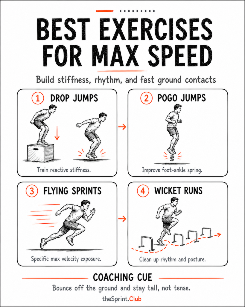Poster titled "Best Exercises for Max Speed" showing four illustrated exercises: drop jumps, pogo jumps, flying sprints, wicket runs with short cues.
