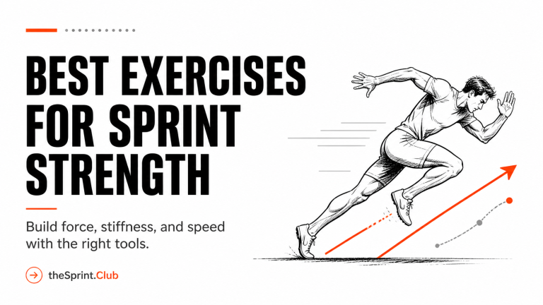 Bold headline reading "Best Exercises for Sprint Strength" with sketch of a sprinter pushing off and ascending red arrow.