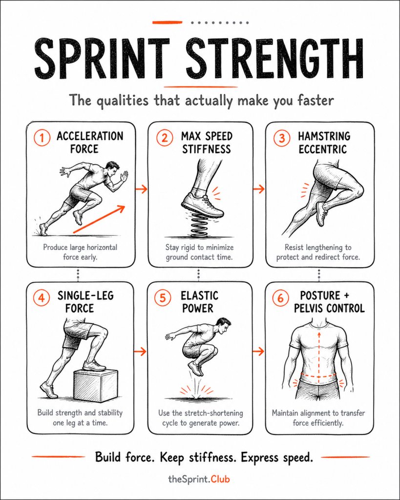 Title "Sprint Strength" poster showing six illustrated sprint qualities: acceleration, stiffness, hamstring eccentric, single-leg force, elastic power, and posture control.