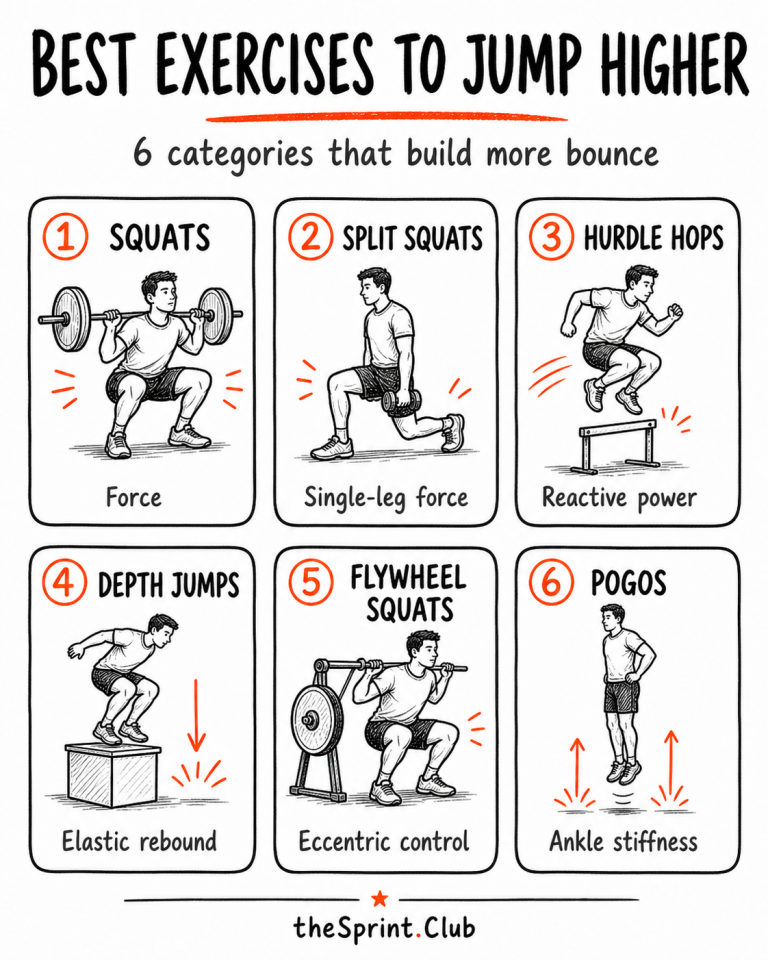 Six illustrated exercise cards showing: squats, split squats, hurdle hops, depth jumps, flywheel squats, and pogos for jumping higher.