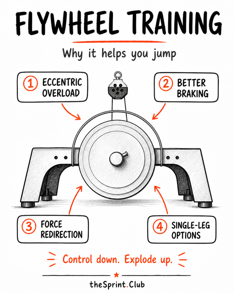 Illustration of a flywheel training machine with labeled benefits: eccentric overload, better braking, force redirection, single-leg options.