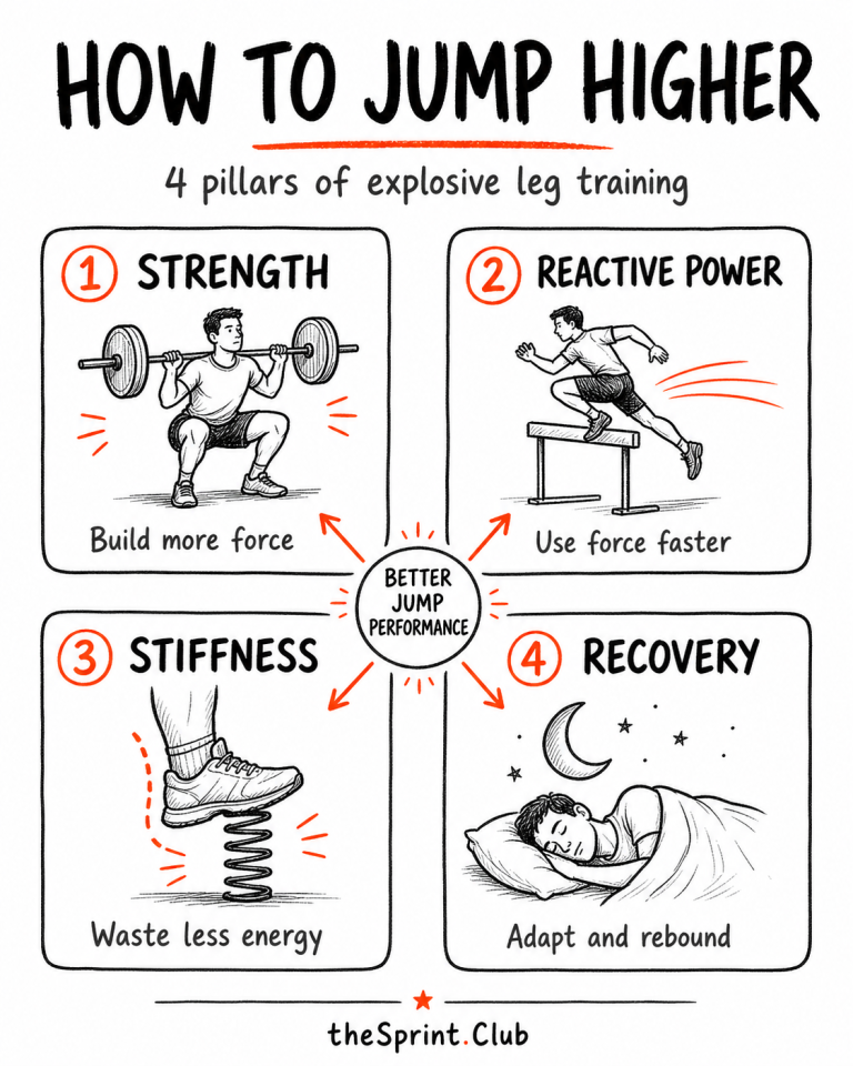 How to jump higher infographic showing four pillars: strength (squats), reactive power (hurdle jump), stiffness (springy shoe), recovery (sleep).