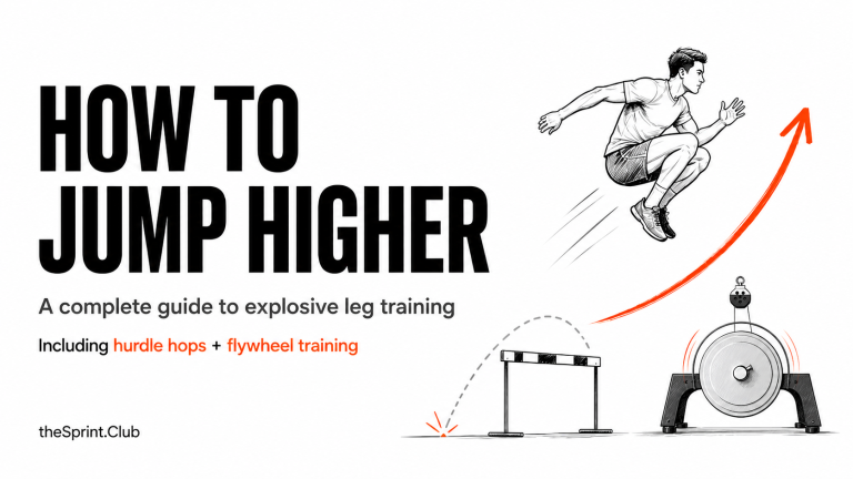 Bold title "How to Jump Higher" with sketch of a man leaping, curved arrow, hurdle hop arc, and a flywheel trainer