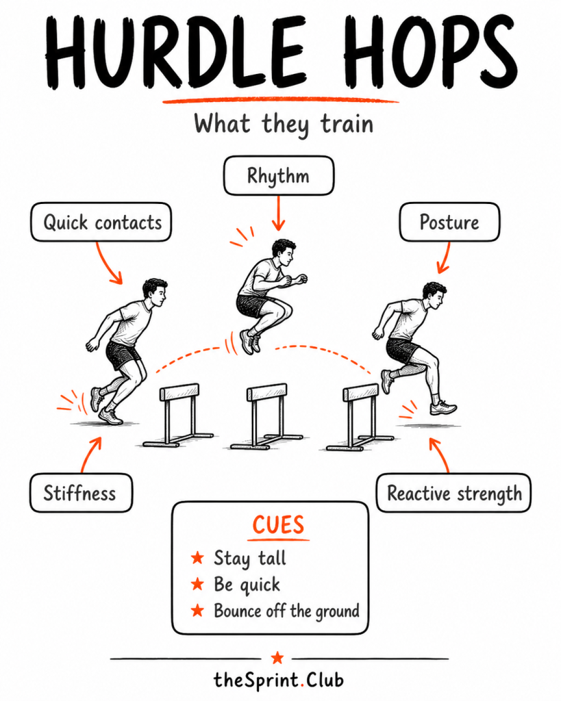Three-panel sketch of an athlete hurdling with labels: Quick contacts, Rhythm, Posture, Stiffness, Reactive strength, and cues.