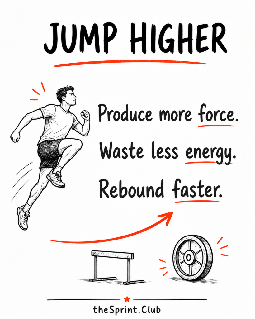 Illustration of a sprinter leaping with text: "Jump Higher" and bullet points: "Produce more force. Waste less energy. Rebound faster."