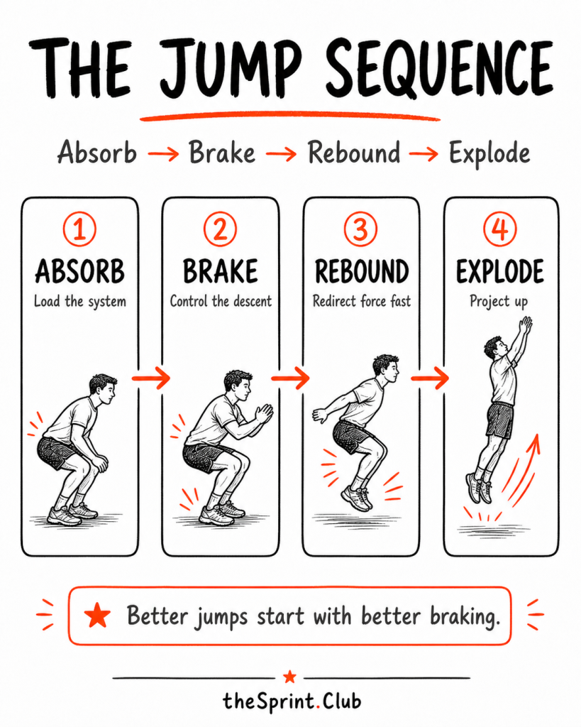 Illustration showing four-stage jump sequence: Absorb, Brake, Rebound, Explode with drawings of a man performing each phase.