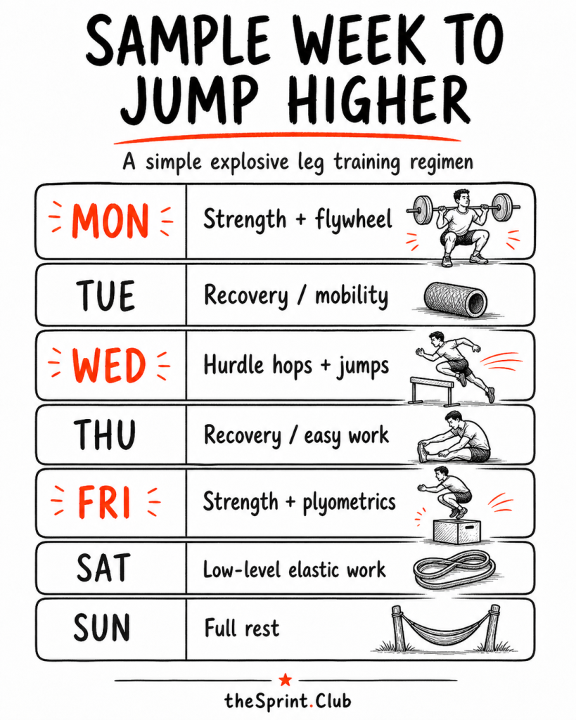 Weekly plan titled "Sample week to jump higher" listing Mon: Strength + flywheel; Tue: Recovery/mobility; Wed: Hurdle hops + jumps; Thu: Recovery; Fri: Strength + plyometrics; Sat: Low-level elastic work; Sun: Full rest.