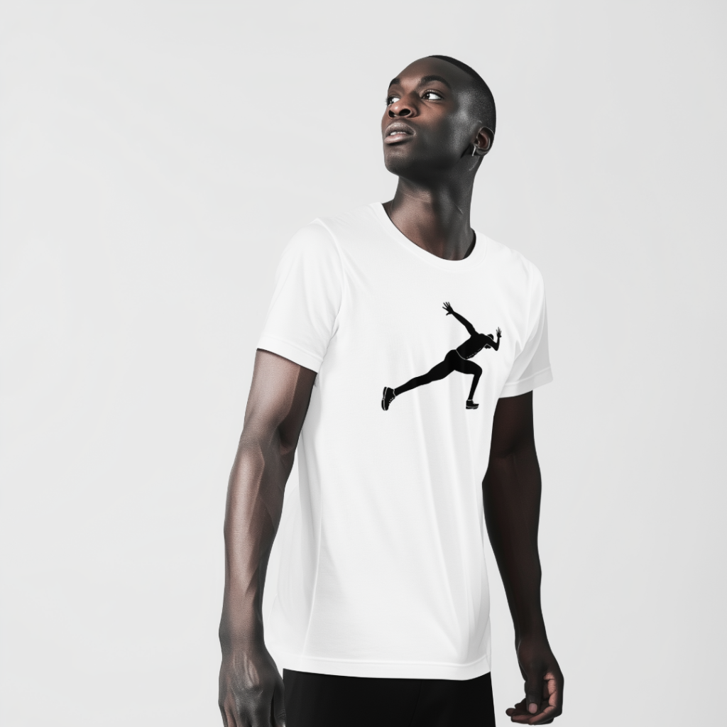 Black man in a white T-shirt with a black silhouette of a sprinter, looking up and to the right against a plain light background.