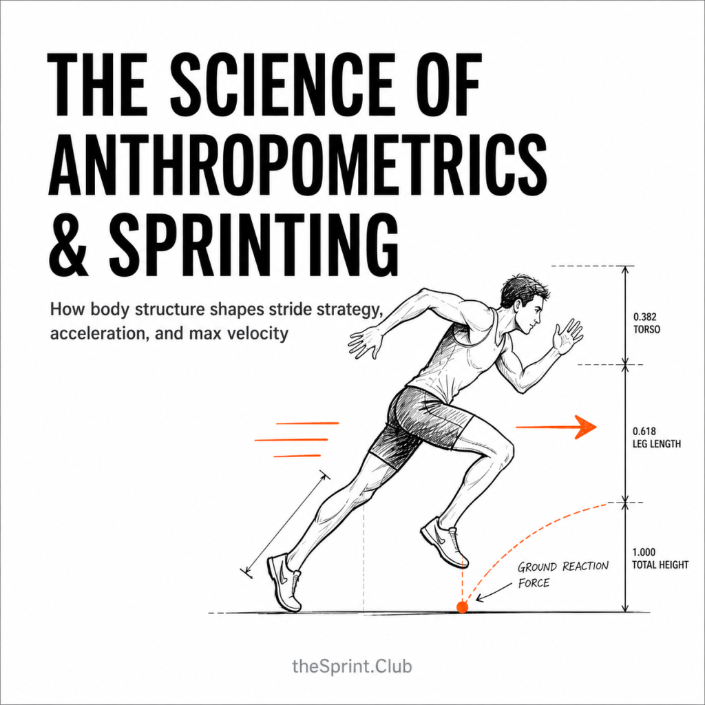 Runner illustration with measurements showing torso 0.382, leg 0.618, ground reaction force and sprinting posture next to bold title.