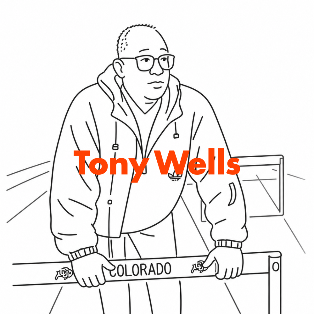 Man in glasses and hoodie leaning on a railing labeled "COLORADO," large orange text "Tony Wells" over chest.