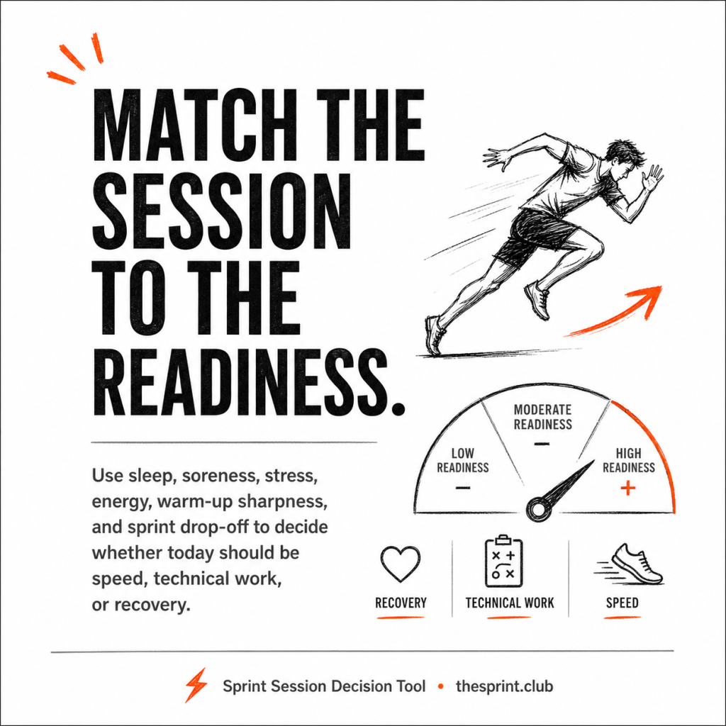 Poster with a runner sketch and gauge showing low to high readiness, advising to match training (recovery, technical, speed) to readiness.