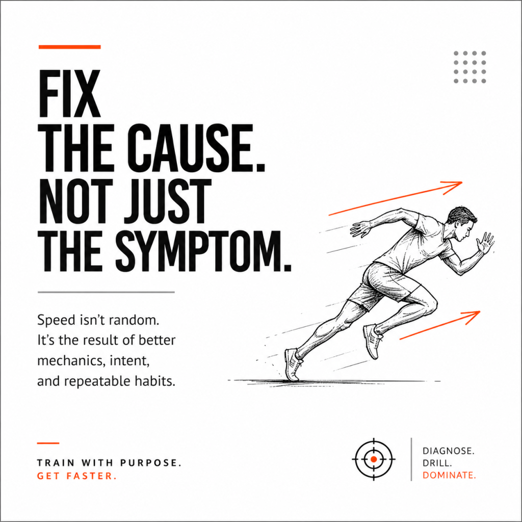 Bold text "Fix the cause. Not just the symptom." left, sketched sprinter leaning forward with orange arrows, training tagline below.