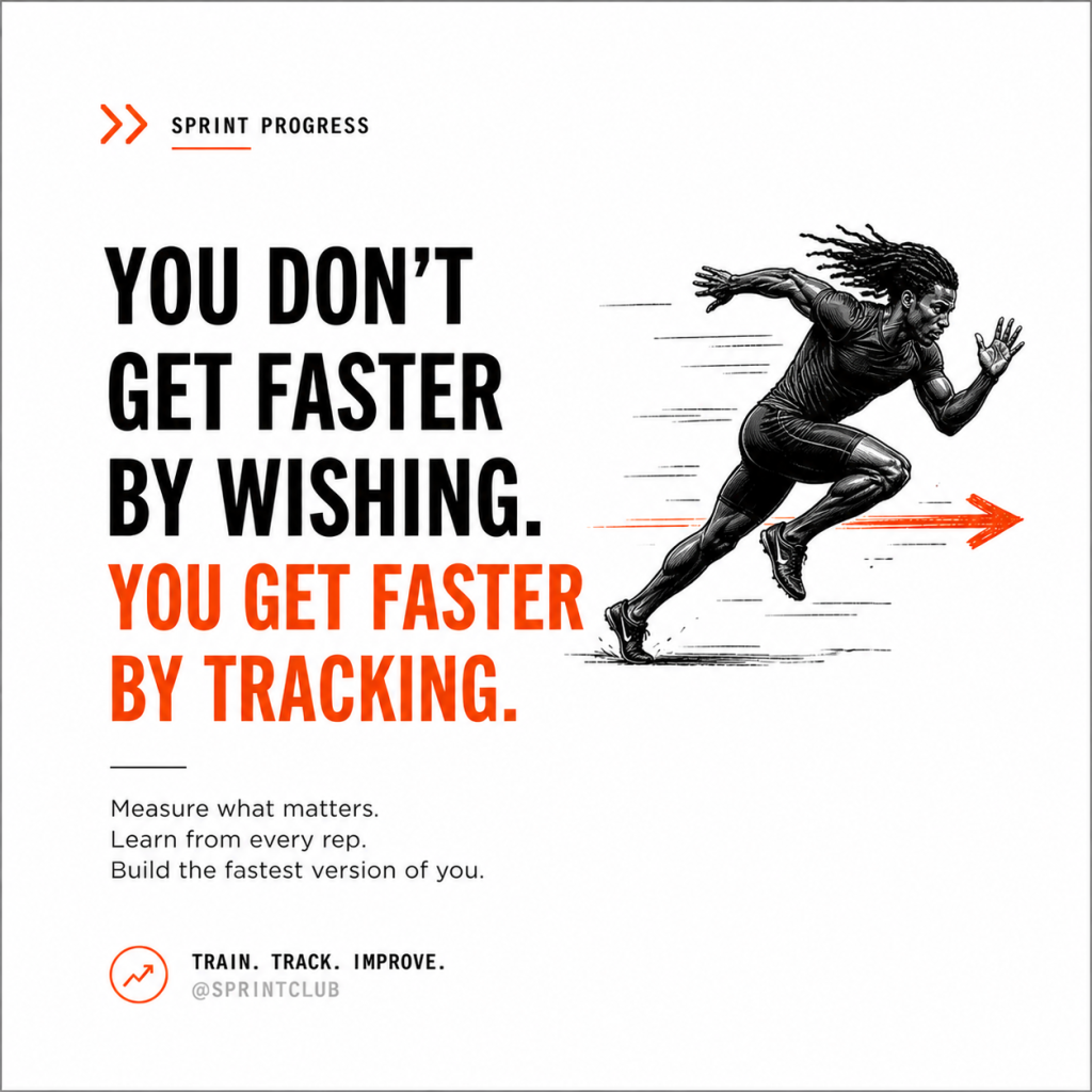 Bold text reading "You don't get faster by wishing. You get faster by tracking." alongside an illustrated sprinter running right with motion lines.