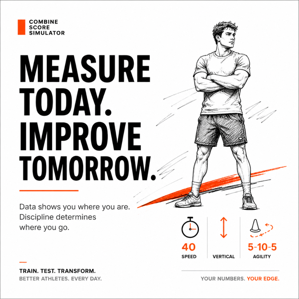 Athletic poster with sketch of a standing male athlete and bold text "Measure today. Improve tomorrow." plus test icons and metrics.