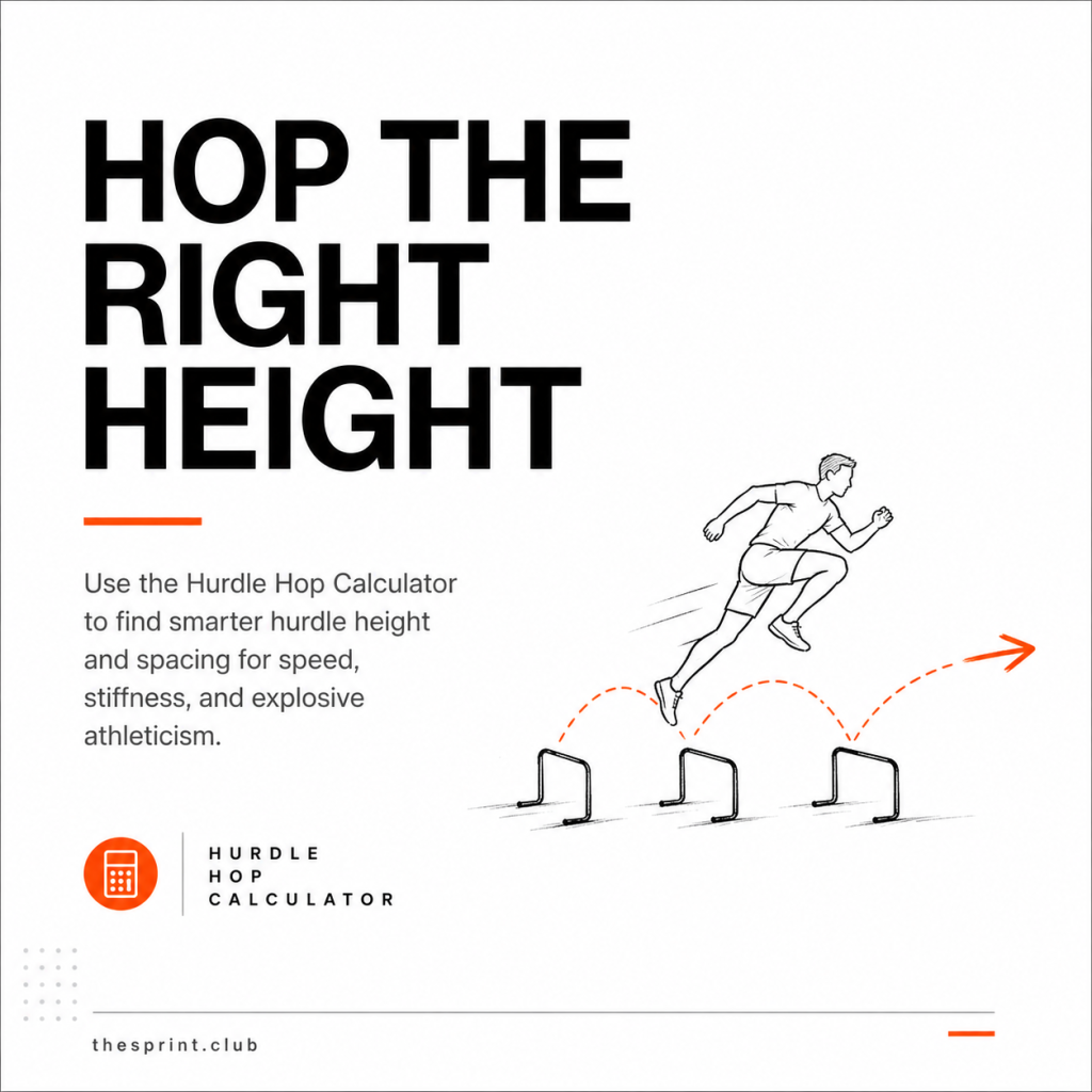 Bold headline "HOP THE RIGHT HEIGHT" with smaller text about a Hurdle Hop Calculator and a sketch of a sprinter leaping three hurdles with dotted orange arcs and arrow.