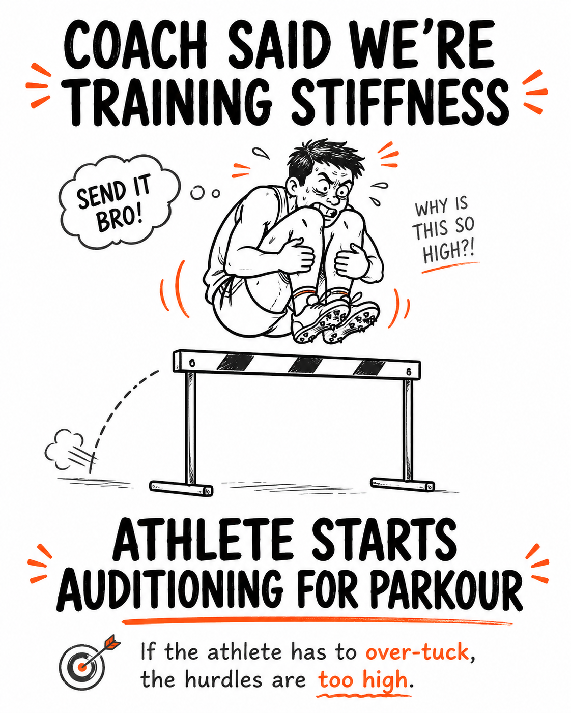 Cartoon athlete awkwardly over-tucking knees while leaping high over a hurdle, sweating and thinking "Send it bro!" with caption "Coach said we're training stiffness" and note about hurdles being too high.