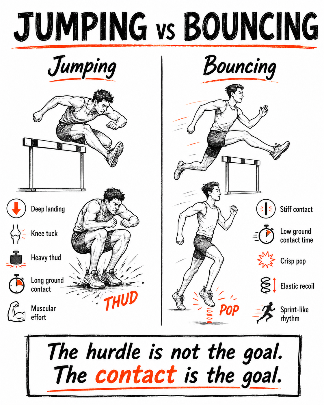 Split illustration comparing "Jumping" vs "Bouncing" over a hurdle: left shows deep knee-tuck landing with heavy thud and long ground contact; right shows quick, stiff contact with crisp pop, elastic recoil and sprint-like rhythm; caption reads "The hurdle is not the goal. The contact is the goal."