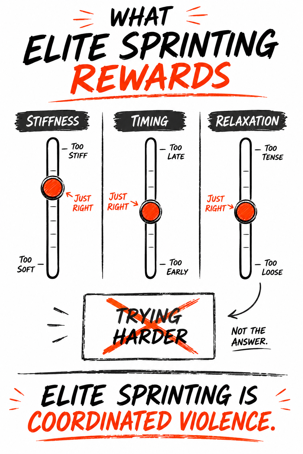 Three-panel infographic titled "What Elite Sprinting Rewards" showing sliders for stiffness, timing, relaxation set "just right" and phrase "Elite sprinting is coordinated violence."