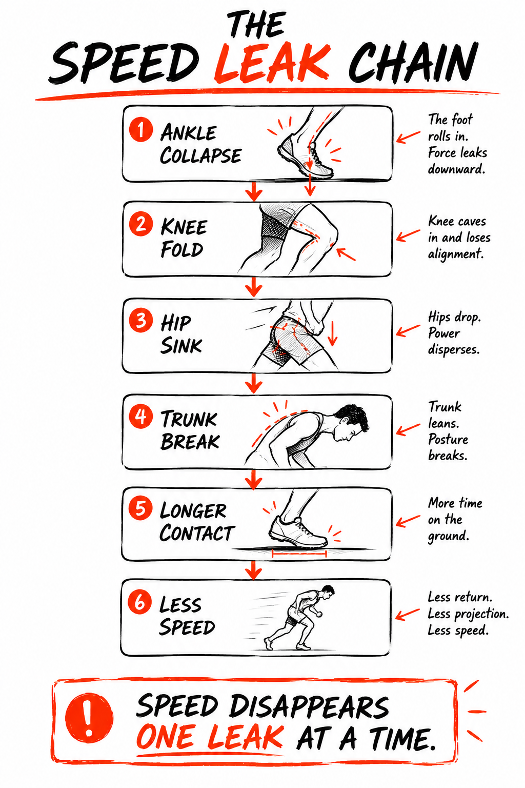 Illustration showing six-stage "speed leak chain": ankle collapse, knee fold, hip sink, trunk break, longer contact, and resulting less speed.