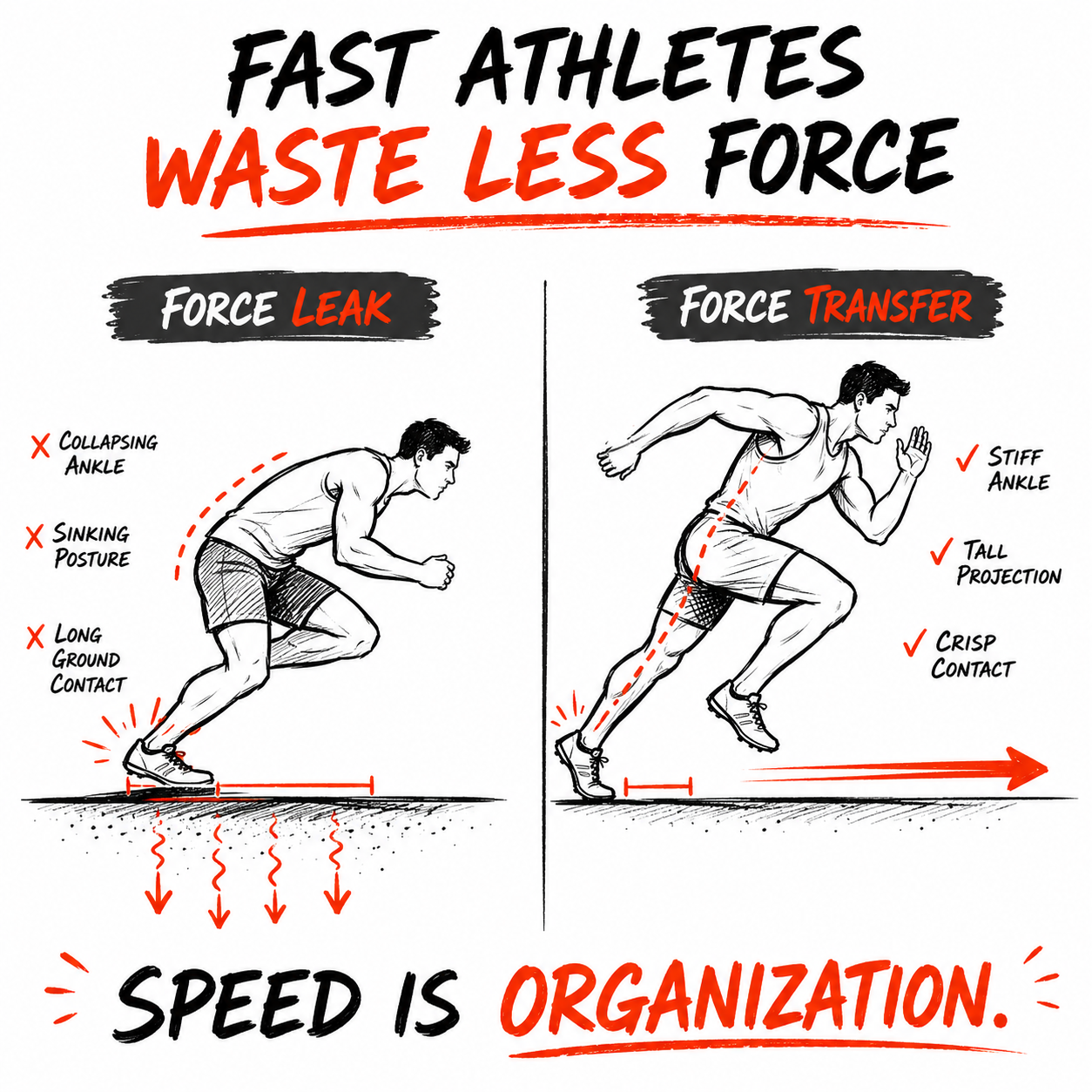 Split illustration showing poor "force leak" sprint form on left vs efficient "force transfer" form on right with tips and arrows.