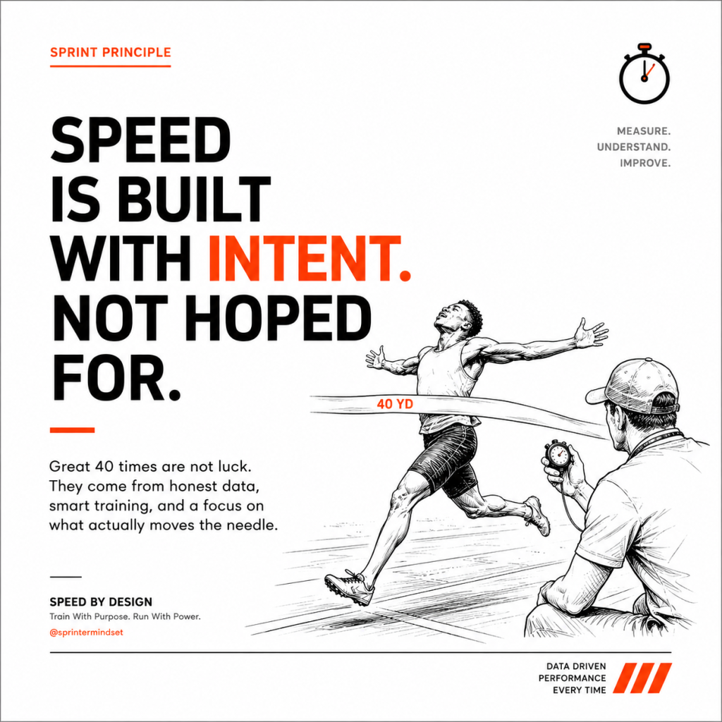 Bold poster reading "Speed is built with intent, not hoped for" with sketched sprinter breaking a 40 yd finish tape and coach timing.