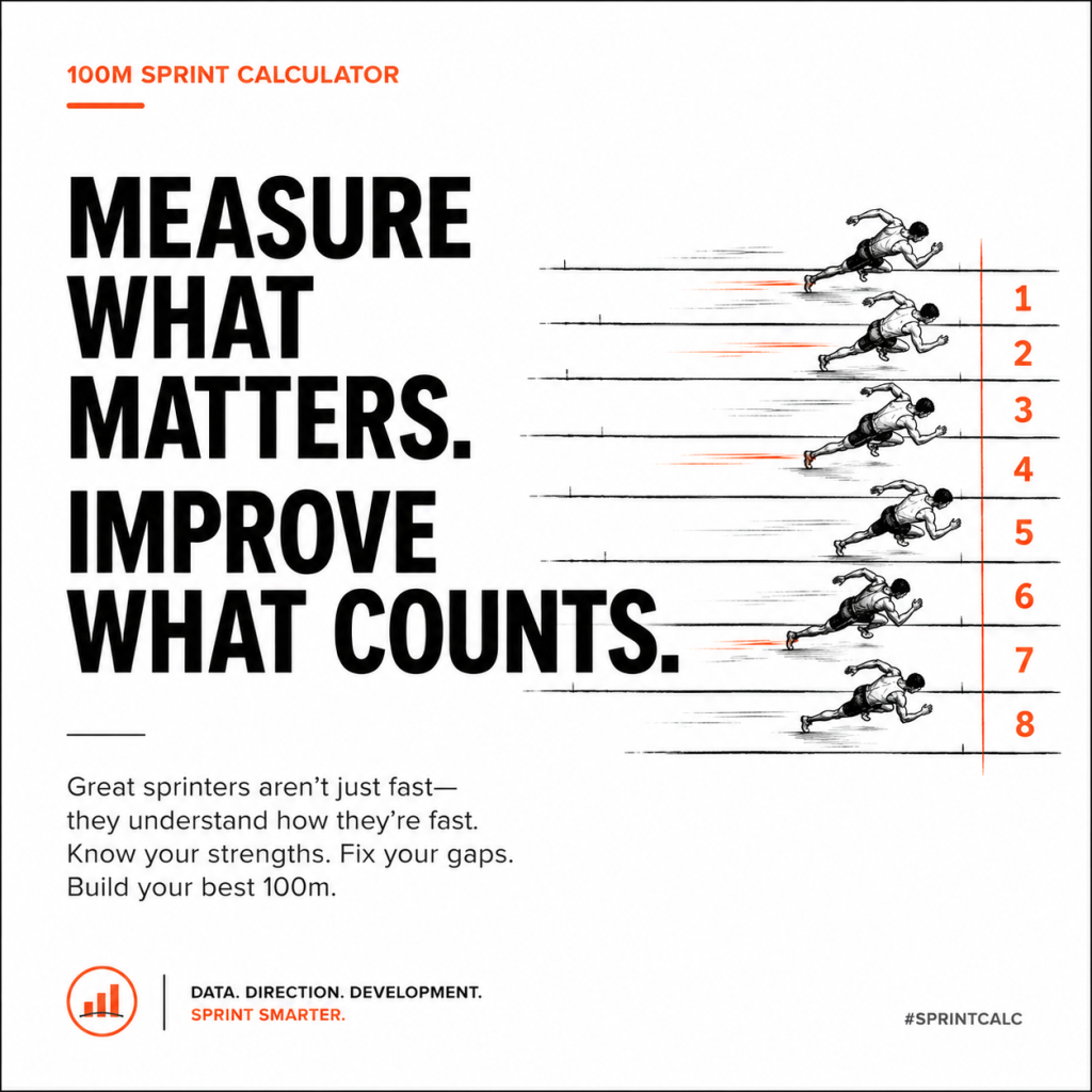 Bold poster-style layout reading "Measure what matters. Improve what counts." with illustrated sprinters in staggered lanes and numbered finish lines, plus small explanatory text and a logo.