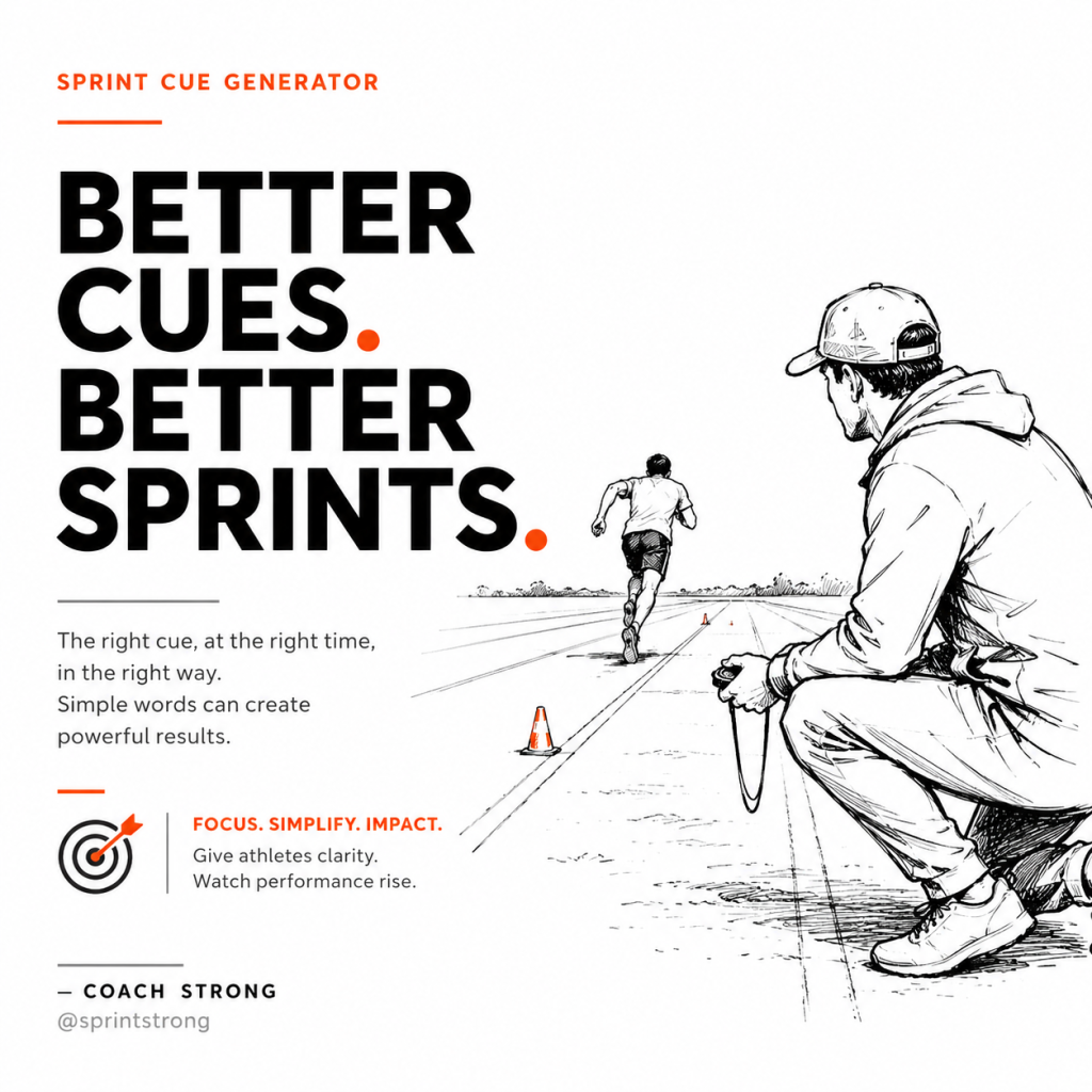 Bold poster reading "Better cues. Better sprints." with a coach timing a sprinter on a track and brief coaching text.