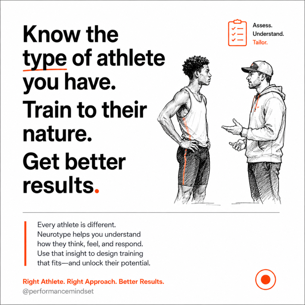 Large bold text urging coaches to know athlete type and train to their nature, beside sketch of coach talking to an athlete.